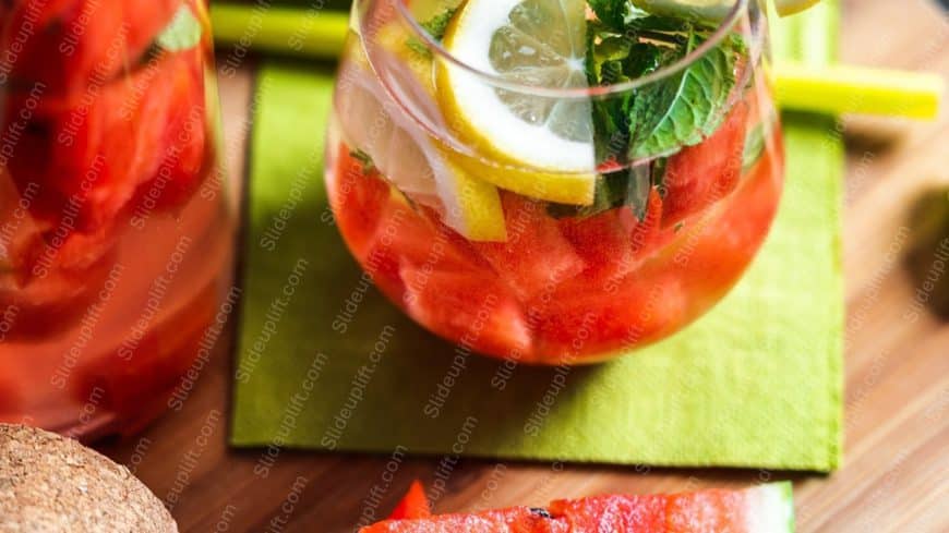 red watermelon yellow lemon green mint glass background image