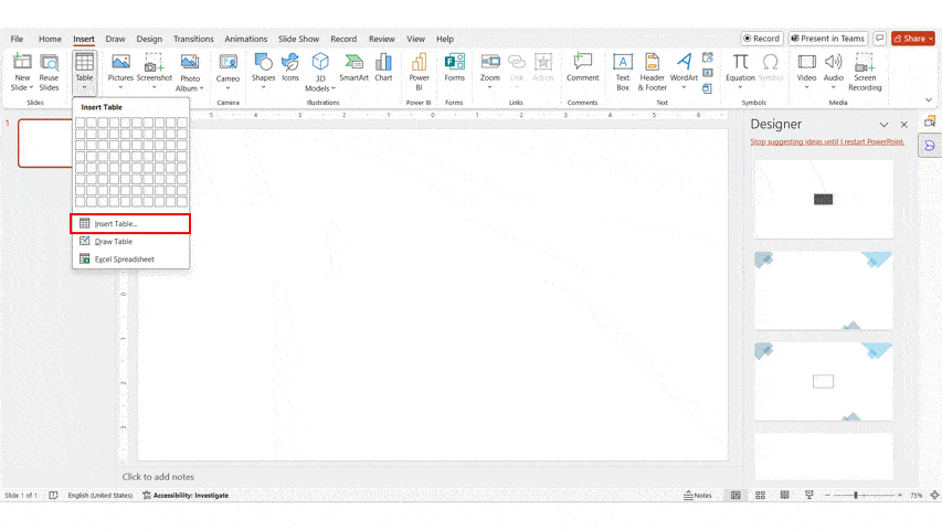 Gif for adding and editing a table in your presentation