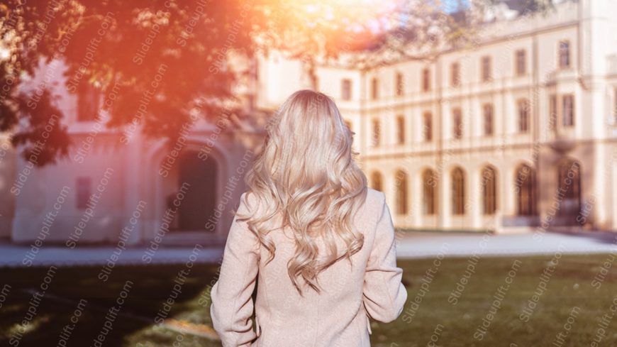 Beige Coat Blonde Hair Sunflare Education Building Background Image