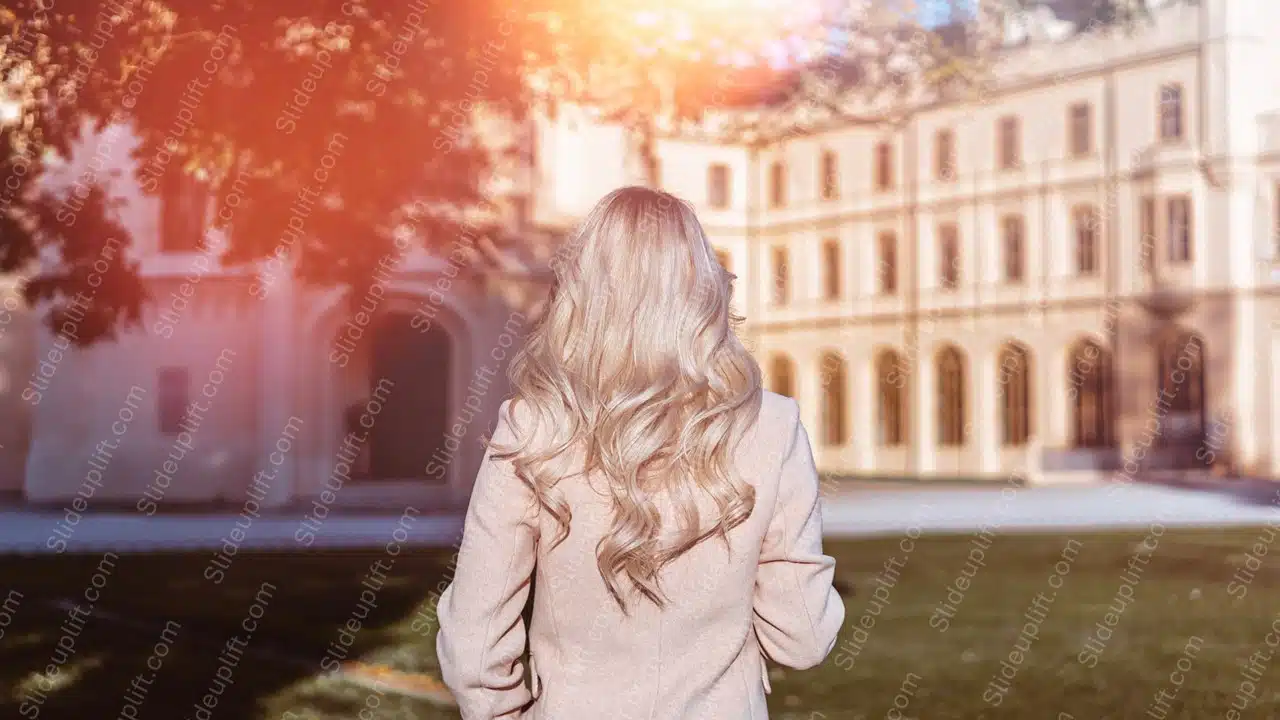 Beige Coat Blonde Hair Sunflare Education Building Background Image & Google Slides Theme