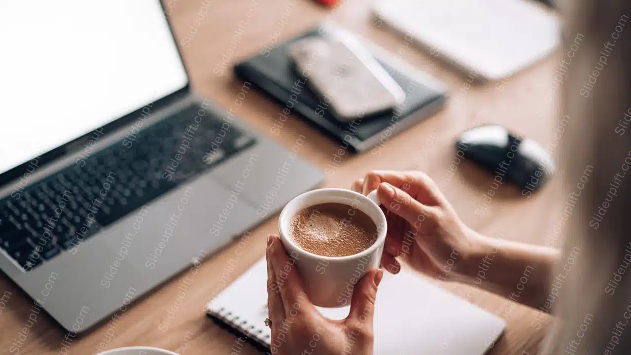 Beige Coffee Cup Hands Laptop Background Image & Google Slides Theme