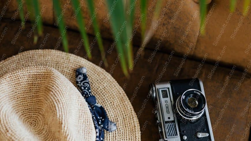 Beige Hat And Camera Brown Background Image