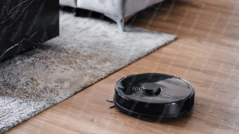 Black Robotic Vacuum Cleaner Wood And Carpet Background Image & Google Slides Theme