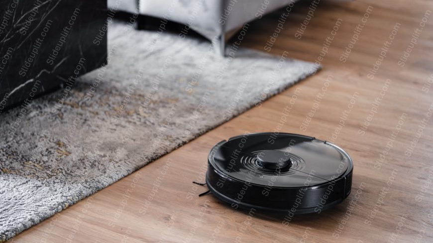 Black Robotic Vacuum Cleaner Wood And Carpet Background Image