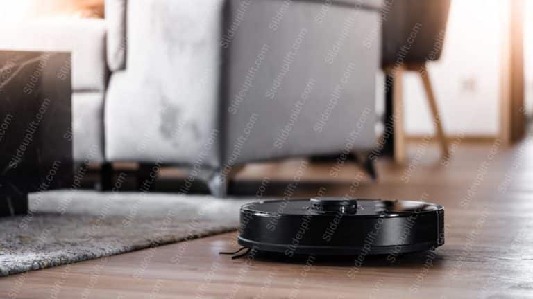 Black Robotic Vacuum Cleaner Wooden Floor Background Image & Google Slides Theme