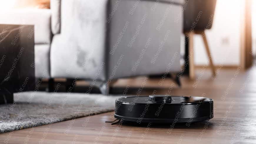 Black Robotic Vacuum Cleaner Wooden Floor Background Image