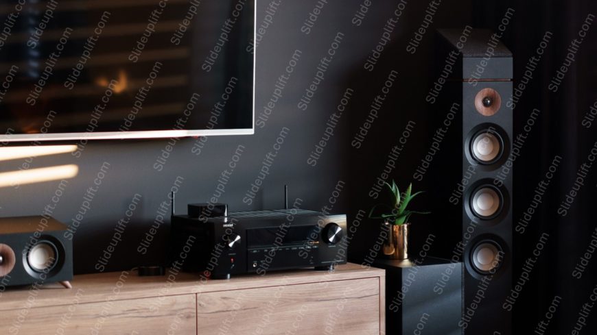 Black Speakers Lightwood Cabinet Plant Gold Vase Dark Background Image