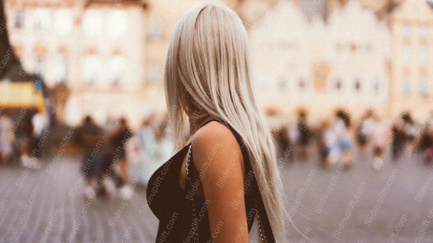 Blonde Hair Woman Crowded Street Background Image