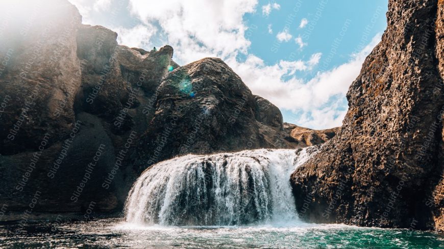 Blue Cerulean Waterfall Dark Brown Cliff Background Image