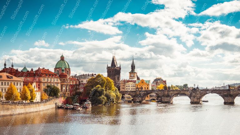 Blue Sky Golden Yellow Autumn Trees Stone Bridge River Background Image & Google Slides Theme