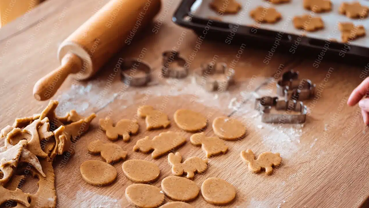 Brown Beige Gingerbread Cutouts Rolling Pin Wooden Table Background Image & Google Slides Theme