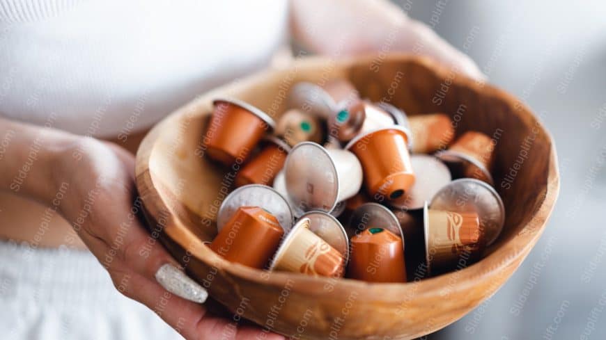 Brown White Coffee Capsules Wooden Bowl Background Image