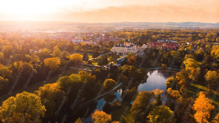 Golden Autumnal Trees Castle Sunset Background Image & Google Slides Theme