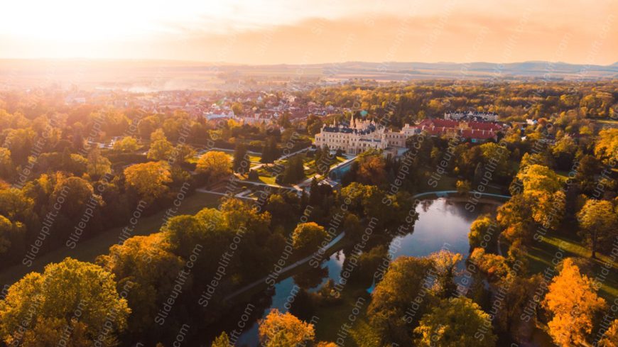 Golden Autumnal Trees Castle Sunset Background Image