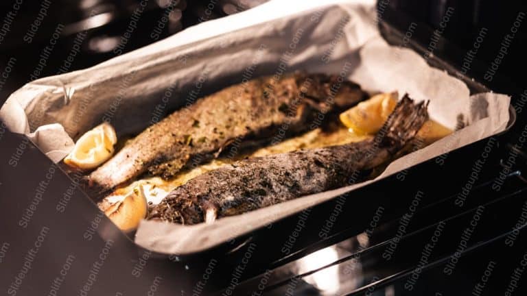 Golden Brown Trout Lemon Baking Sheet Background Image & Google Slides Theme