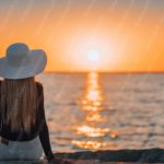 Golden Sunset Woman In White Hat Ocean Background Image & Google Slides Theme