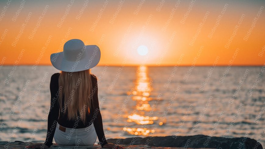 Golden Sunset Woman In White Hat Ocean Background Image