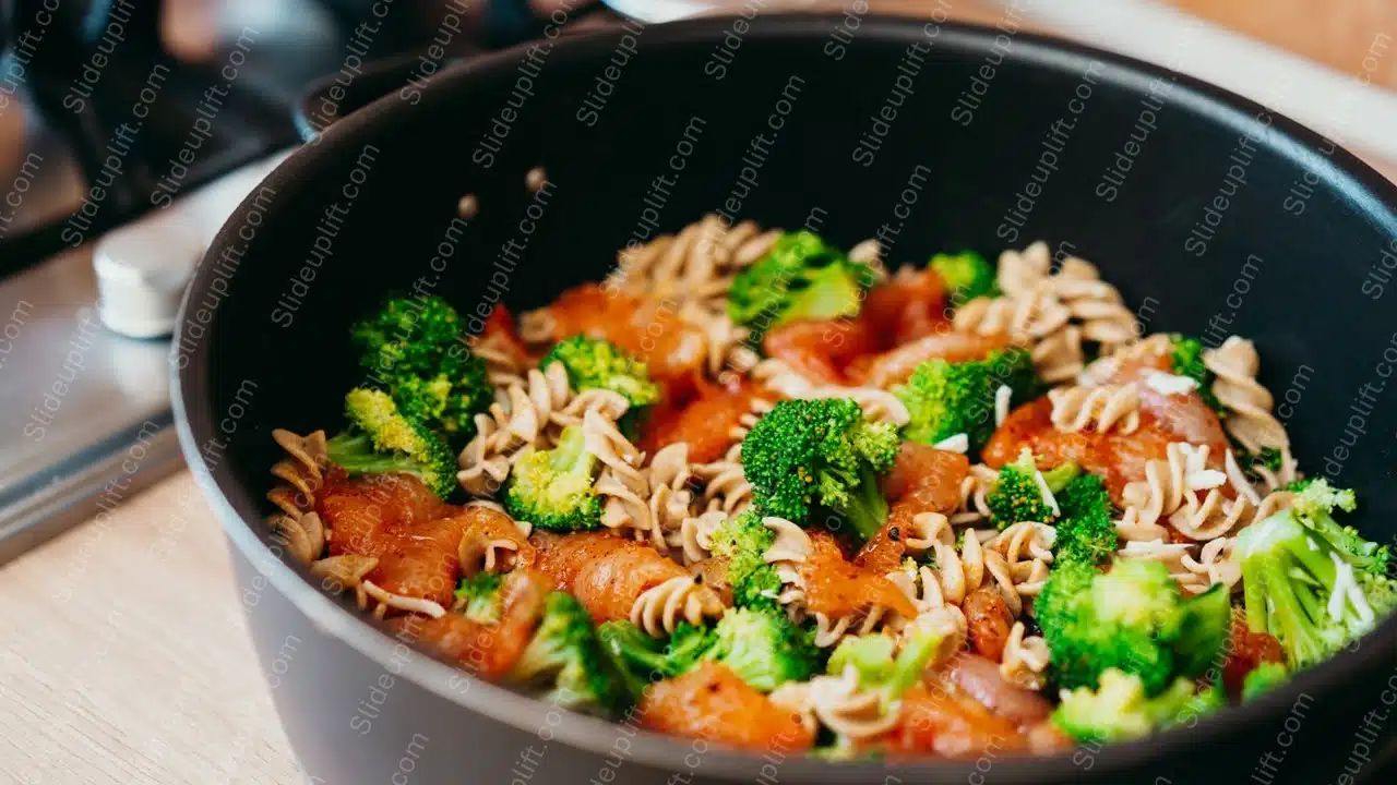 Green Broccoli Red Chicken Brown Pasta Food Background Image & Google Slides Theme