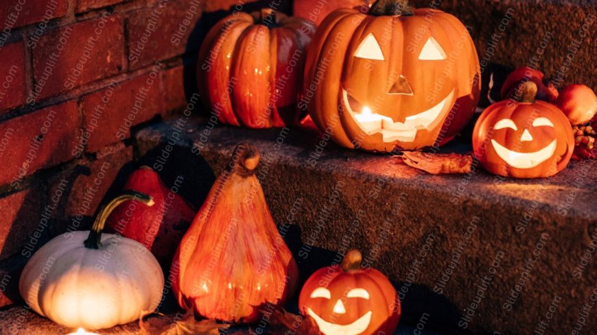 Orange White Pumpkins Brick Stairs Background Image