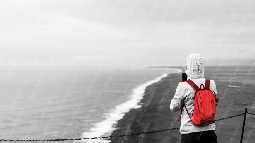 Red Backpack Gray Hooded Figure Seascape Background Image