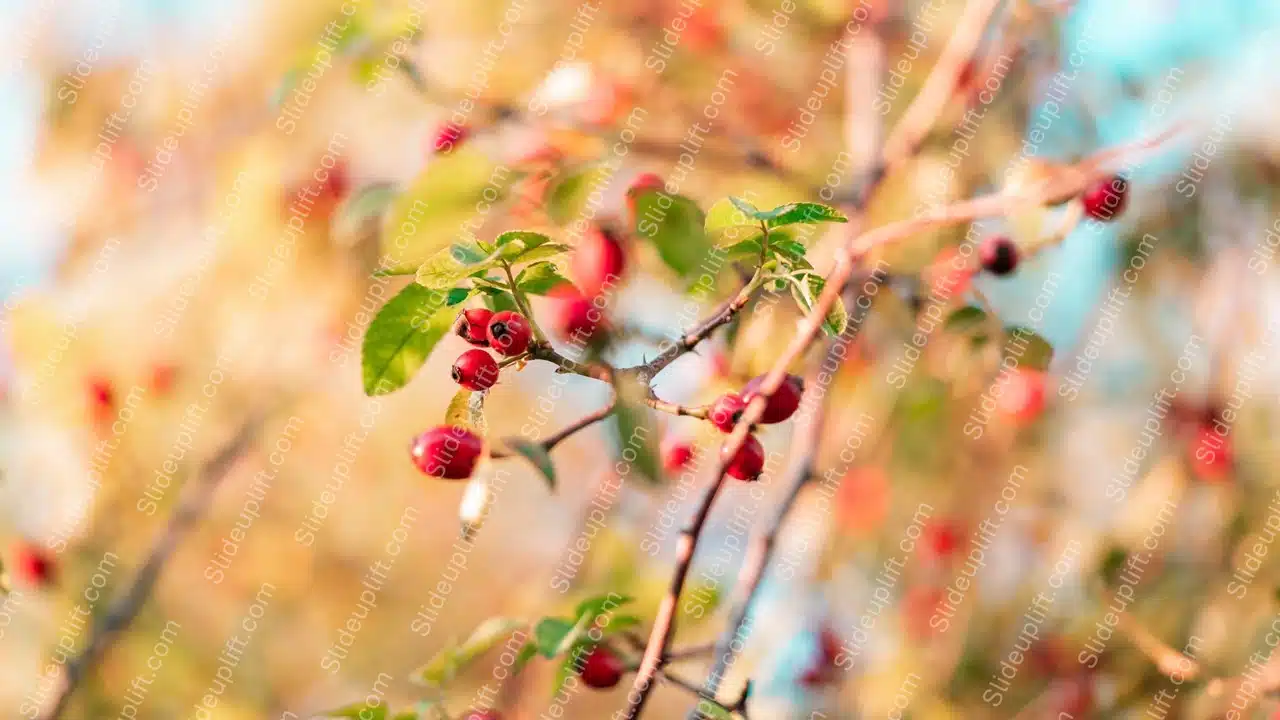 Red Berries Green Leaves Golden Bokeh Background Image & Google Slides Theme