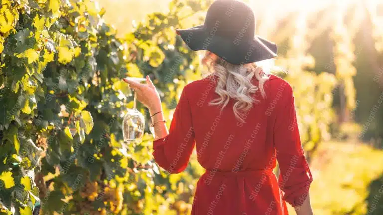 Red Dress Woman Holding Wineglass Green Vineyard Background Image & Google Slides Theme