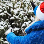 Red Santa Hat Blue Coat Snowy Pine Trees Background Image & Google Slides Theme