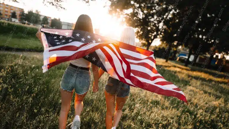 Red White Blue Flag Two People Sunset Grass Background Image & Google Slides Theme