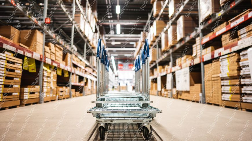 Silver Blue Shopping Cart Warehouse Shelves Background Image