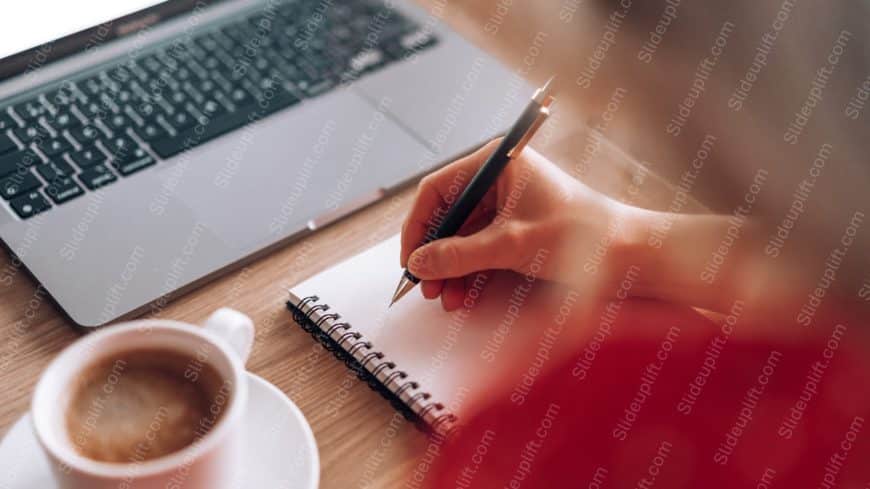 Silver Laptop Notebook Pen Coffee Cup Red Sleeve Background Image