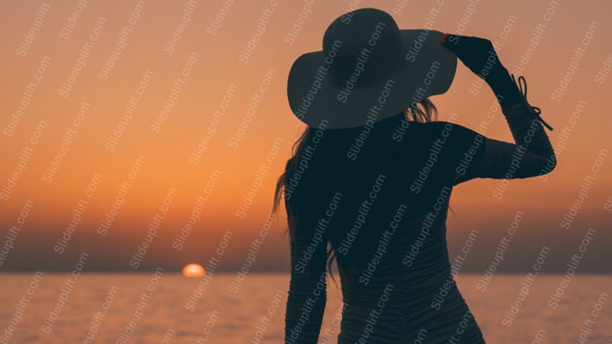 Sunset Orange Woman Hat Silhouette Seascape Background Image