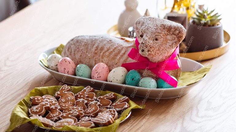 Tan Lamb Cake Multi Colored Eggs Gingerbread Cookies Wooden Table Background Image & Google Slides Theme