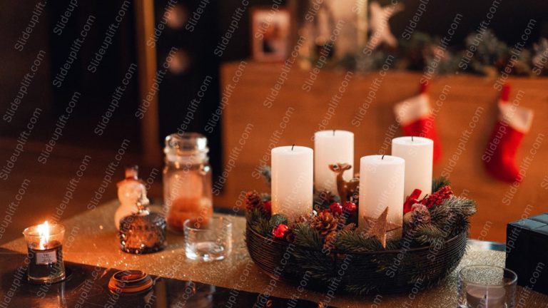 Warm White Candles And Christmas Decorations Background Image & Google Slides Theme