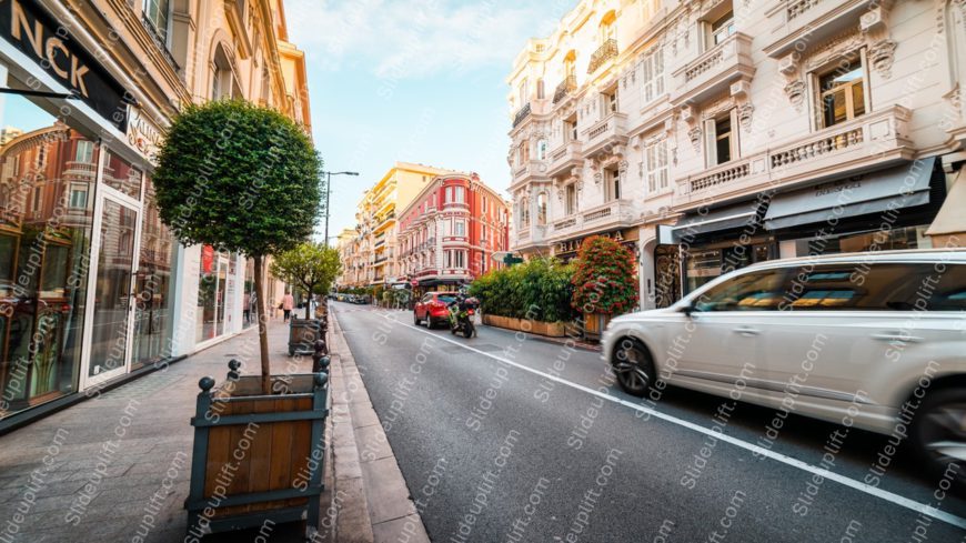 White Cars Red Buildings Green Trees Urban Street Background Image