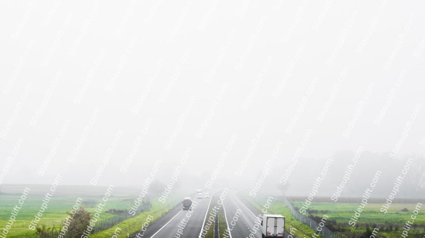 White Grey Misty Highway With Green Fields Background Image