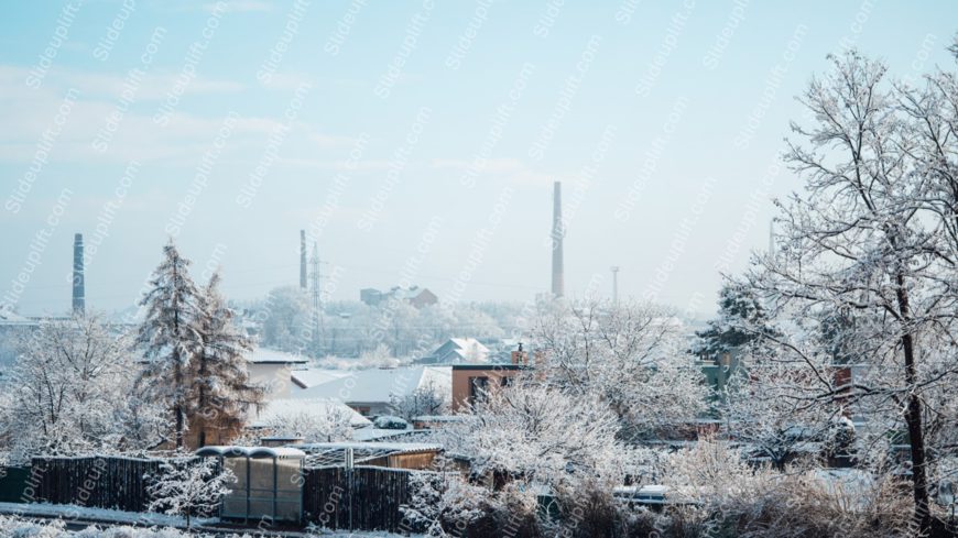 White Snow Covered Trees And Buildings Background Image