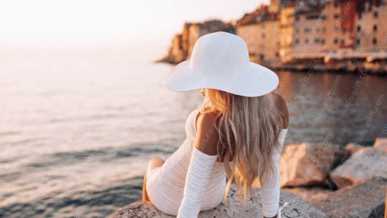 White Hat Woman Creamy Dress Seaside Town Background Image & Google Slides Theme