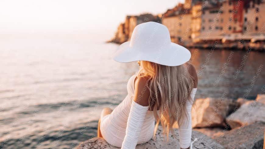 White Hat Woman Creamy Dress Seaside Town Background Image