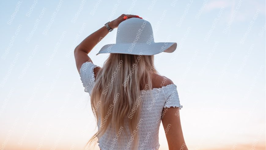 White Hat Woman Sunset Background Image
