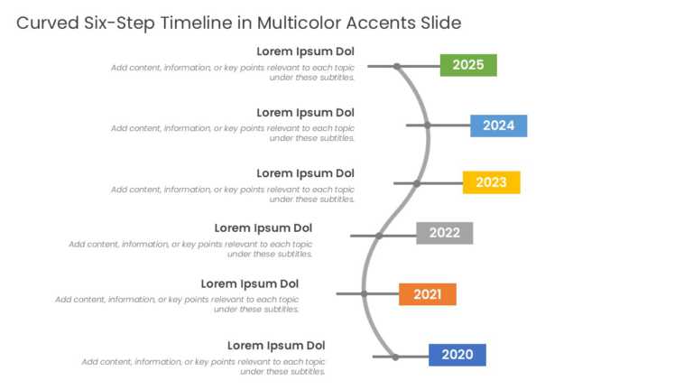 Curved Six Steps Timeline In Multicolor Accents