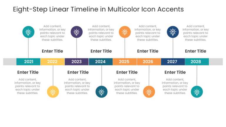 Eight Steps Linear Timeline In Multicolor Icon Accents