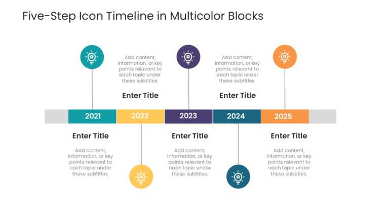 Five Steps Icon Timeline In Multicolor Blocks