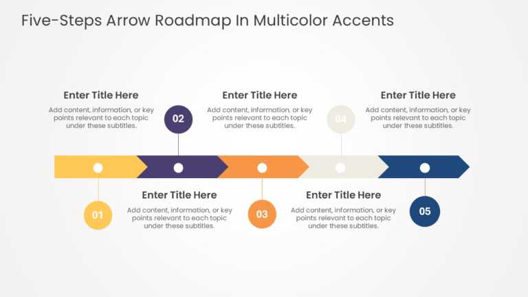 Five Steps Arrow Roadmap In Multicolor Accents & Google Slides Theme