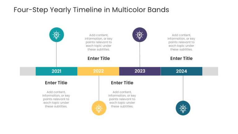 Four Steps Yearly Timeline In Multicolor Bands & Google Slides Theme