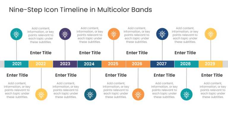 Nine Steps Icon Timeline In Multicolor Bands & Google Slides Theme
