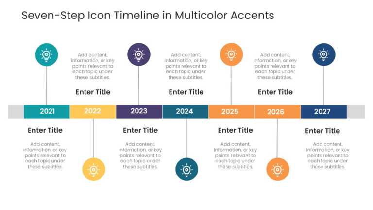 Seven Steps Icon Timeline In Multicolor Accents