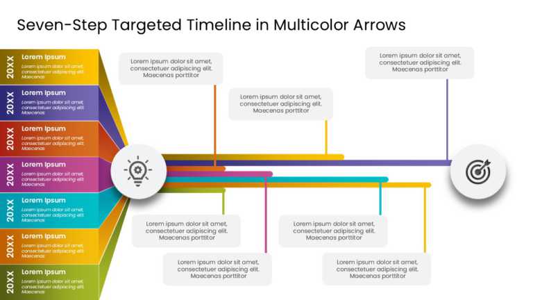 Seven Steps Targeted Timeline In Multicolor Arrows