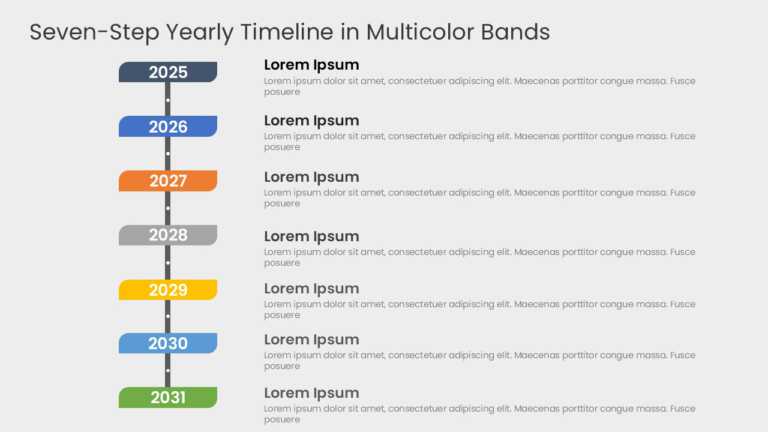 Seven Steps Yearly Timeline In Multicolor Bands