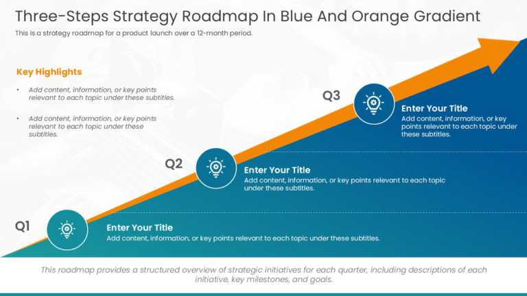 Three Steps Strategy Roadmap In Blue And Orange Gradient