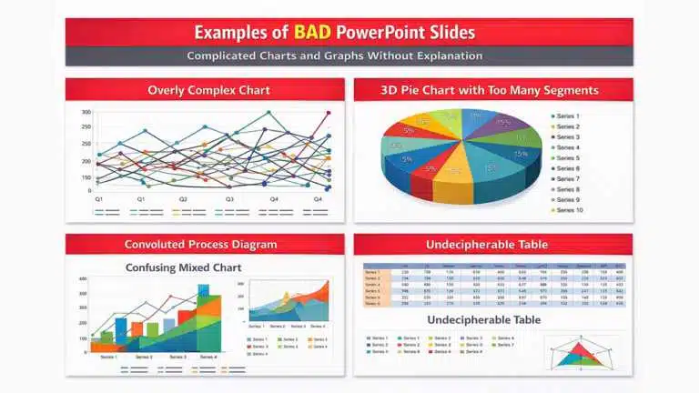 Bad PowerPoint Slide Example of Complicated Charts and Graphs Without Explanation